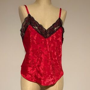 Red Satin Camisole with Black Lace Trim Medium